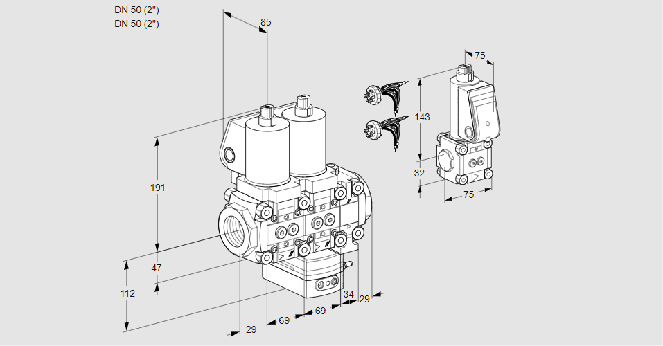 Регулятор соотношения газ/воздух с двумя эл.магнитными клапанами VCG 2E50R/50R05NGEVWSL7/PPBS/MMPP