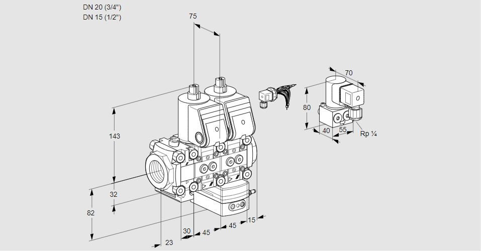 Регулятор соотношения газ/воздух с двумя эл.магнитными клапанами VCG 1E20R/15R05FNGEWR/PPPP/PPZY
