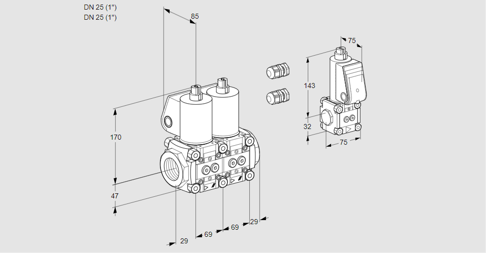 Клапан эл.магнитный сдвоенный VCS 2E25R/25R05NNWL3/PPZS/PPPP