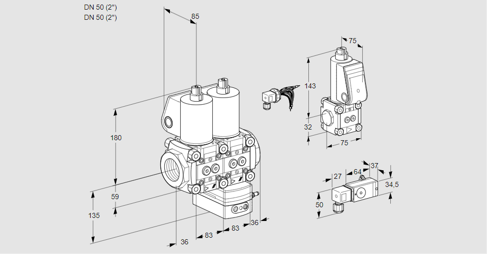 Регулятор соотношения газ/воздух с двумя эл.магнитными клапанами VCG 3E50R/50R05NGEWL/PPZS/1--2