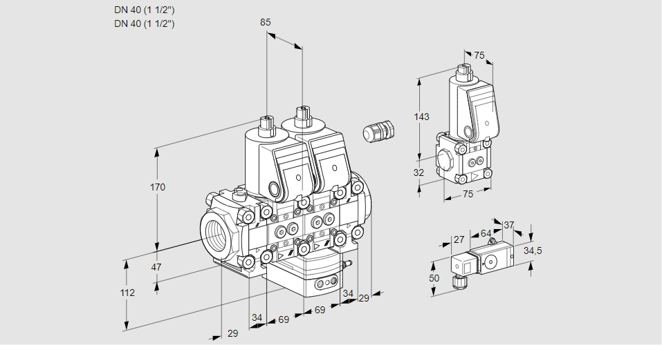 Регулятор соотношения газ/воздух с двумя эл.магнитными клапанами VCG 2E40R/40R05FNGEVWR/2--3/PPBS