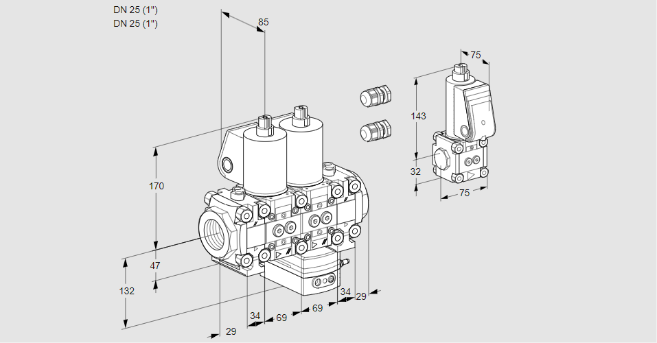 Регулятор расхода с двумя эл.магнитными клапанами VCH 2E25R/25R05FNHEVWL3/PPBS/PPPP