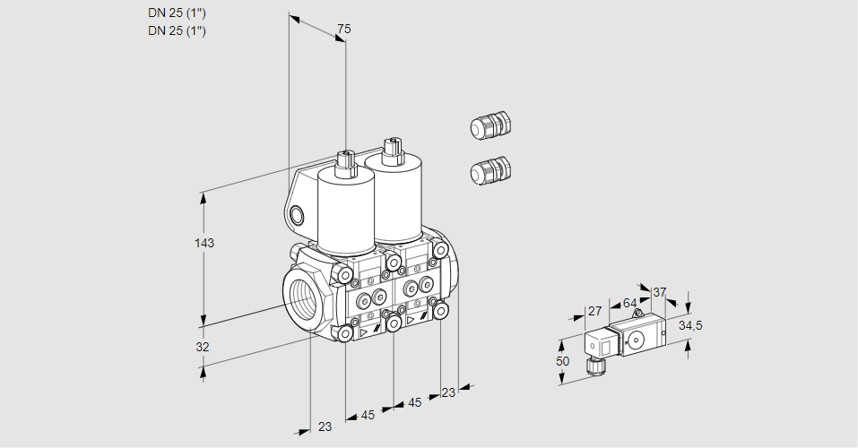 Клапан эл.магнитный сдвоенный VCS 1E25R/25R05NNWL3/PPPP/-3PP