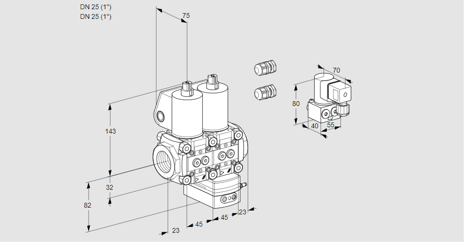 Регулятор соотношения газ/воздух с двумя эл.магнитными клапанами VCG 1E25R/25R05NGEWL3/MMBY/PPPP