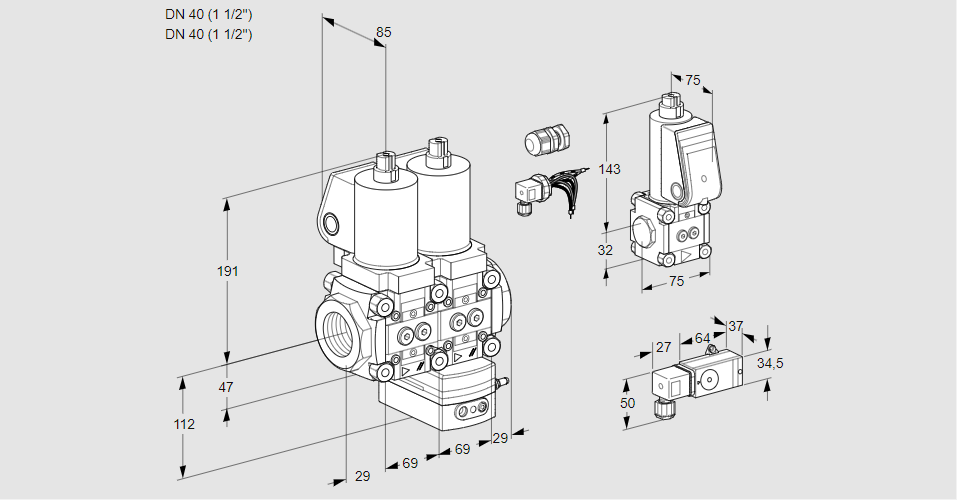 Регулятор соотношения газ/воздух с двумя эл.магнитными клапанами VCG 2E40R/40R05NGEWSL8/PPBS/PP3-