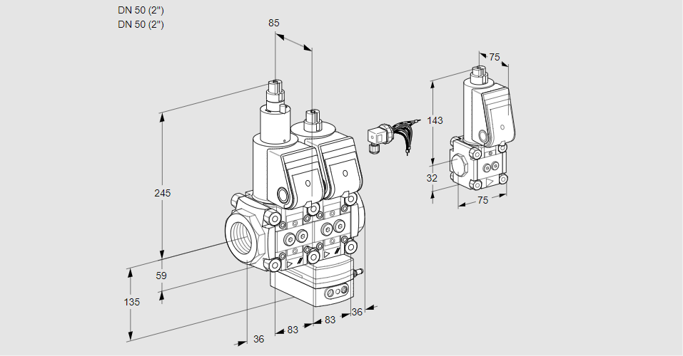 Регулятор соотношения газ/воздух с двумя эл.магнитными клапанами VCG 3E50R/50R05LGEQR/PPPP/PPBS
