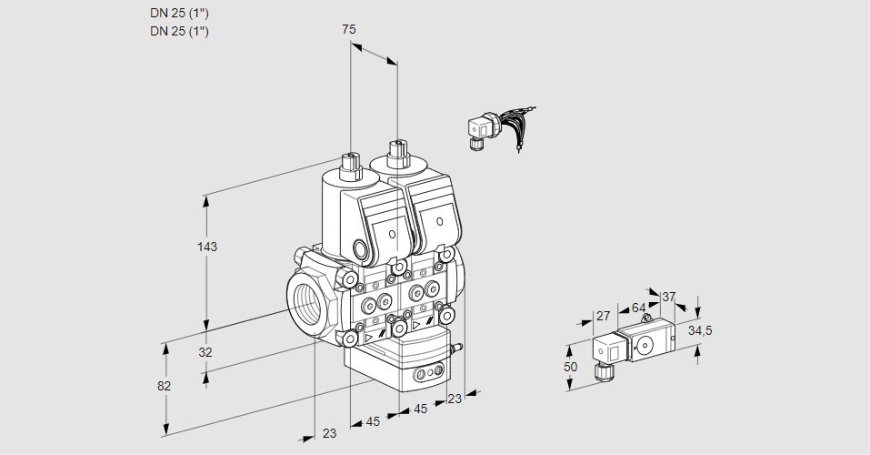 Регулятор соотношения газ/воздух с двумя эл.магнитными клапанами VCG 1E25R/25R05NGEWR/2-PP/PPPP