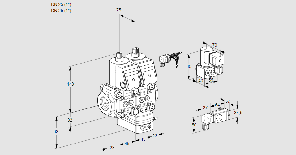 Регулятор соотношения газ/воздух с двумя эл.магнитными клапанами VCG 1E25R/25R05NGEWR/PP2-/PPBY