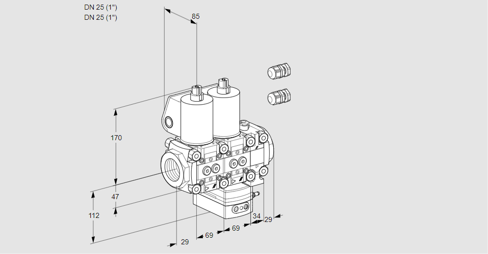 Регулятор соотношения газ/воздух с двумя эл.магнитными клапанами VCG 2E25R/25R05NGKVWL3/PPPP/PPPP