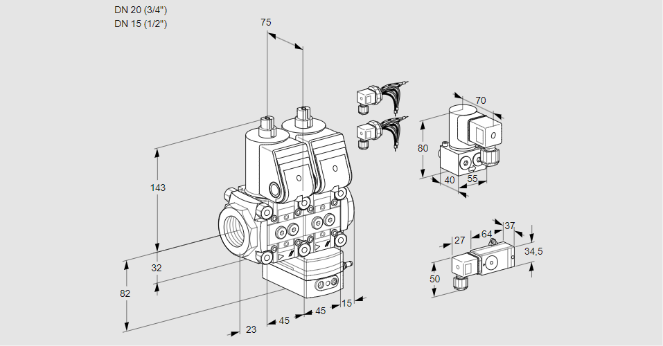 Регулятор соотношения газ/воздух с двумя эл.магнитными клапанами VCG 1E20R/15R05NGKWR6/2--3/PPBY