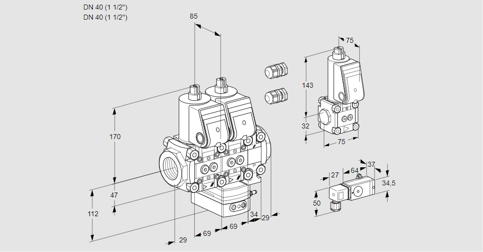 Регулятор соотношения газ/воздух с двумя эл.магнитными клапанами VCG 2E40R/40R05NGEVWR3/-3PP/PPZS