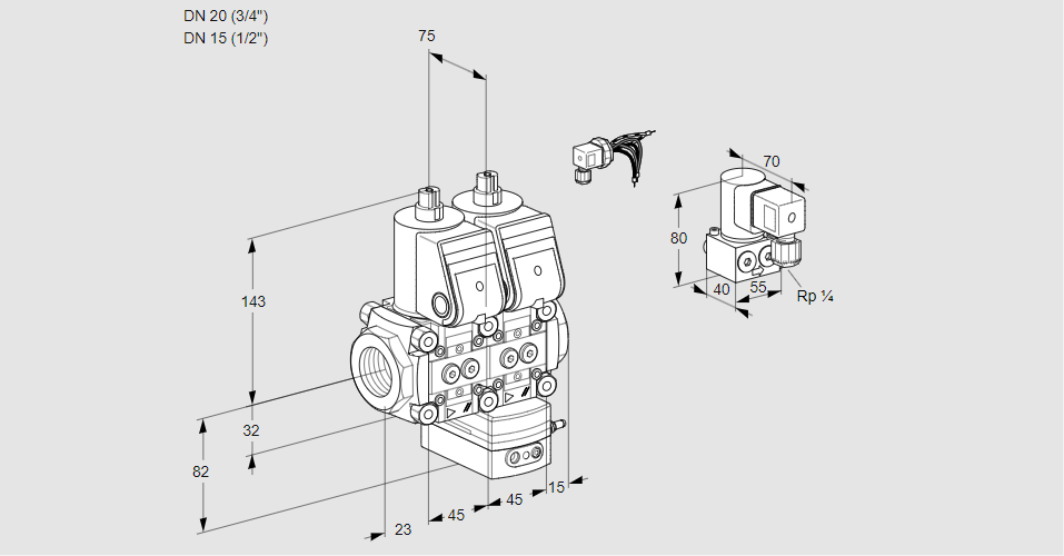 Регулятор соотношения газ/воздух с двумя эл.магнитными клапанами VCG 1E20R/15R05NGEWR/PPPP/PPZY