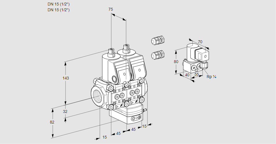 Регулятор соотношения газ/воздух с двумя эл.магнитными клапанами VCG 1E15R/15R05NGEWR3/PPPP/PPZY