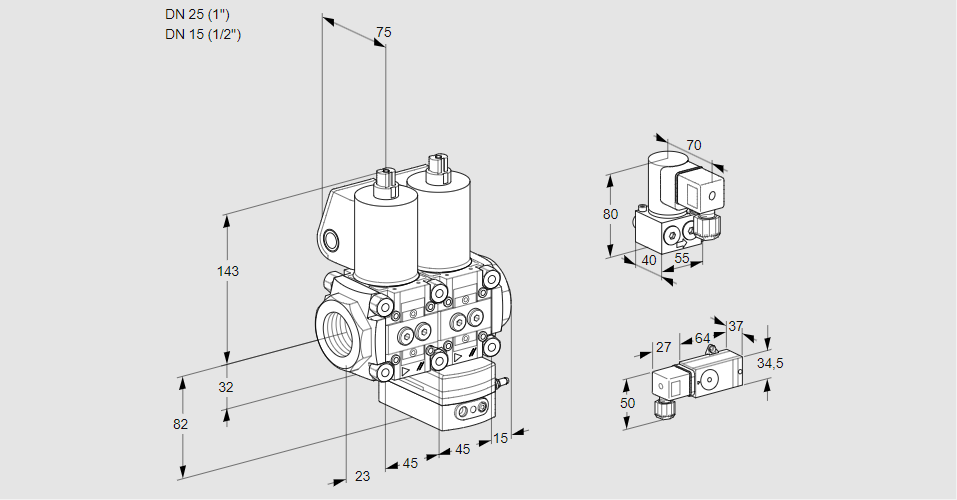 Регулятор соотношения газ/воздух с двумя эл.магнитными клапанами VCG 1E25R/15R05NGEWL/4-BY/2-PP