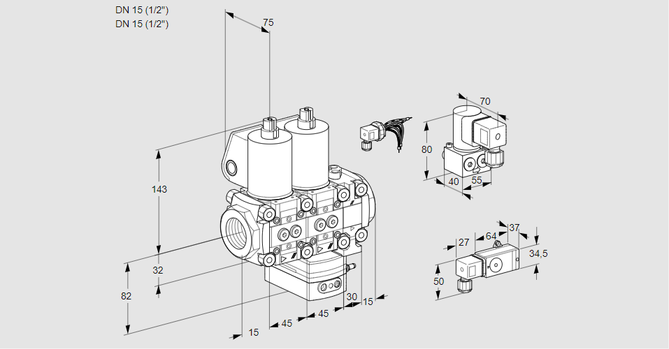 Регулятор соотношения газ/воздух с двумя эл.магнитными клапанами VCG 1E15R/15R05NGEVWL/4-BY/2-PP
