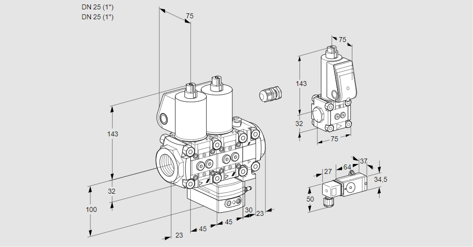 Регулятор расхода с двумя эл.магнитными клапанами VCH 1E25R/25R05NHEVWL/PPZS/3--2