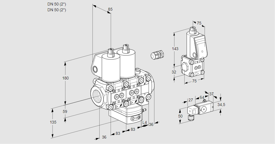Регулятор соотношения газ/воздух с двумя эл.магнитными клапанами VCG 3E50R/50R05NGNVWL/3-ZS/PP3-