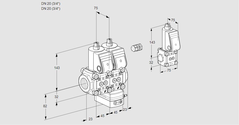 Регулятор соотношения газ/воздух с двумя эл.магнитными клапанами VCG 1E20R/20R05NGEWR/PPPP/ZSPP