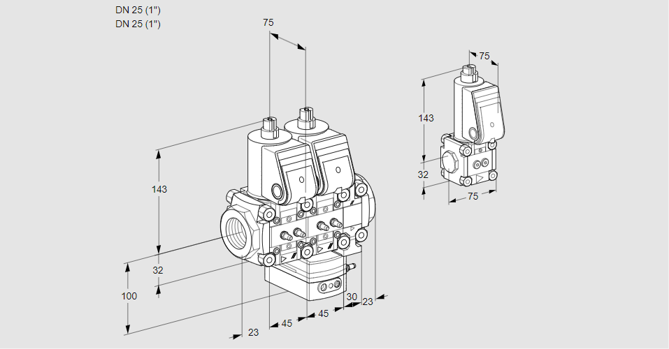 Регулятор расхода с двумя эл.магнитными клапанами VCH 1E25R/25R05NHEVWR/MMMM/PPBS