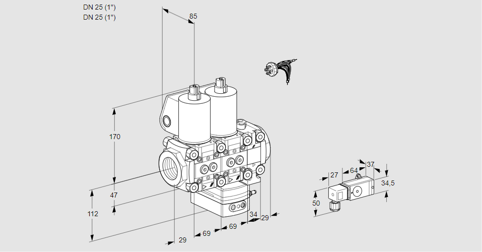 Регулятор соотношения газ/воздух с двумя эл.магнитными клапанами VCG 2E25R/25R05NGEVWL/2--3/PPPP