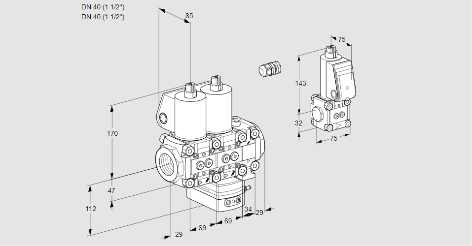 Регулятор соотношения газ/воздух с двумя эл.магнитными клапанами VCG 2E40R/40R05NGEVWL/PPBS/PPPP