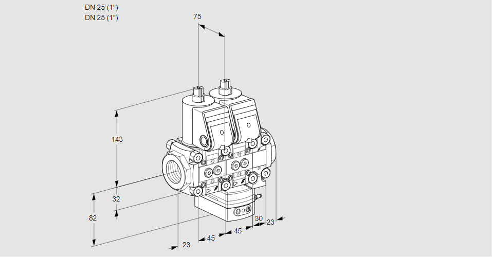 Регулятор соотношения газ/воздух с двумя эл.магнитными клапанами VCG 1E25R/25R05NGEVWR/PPPP/PPPP