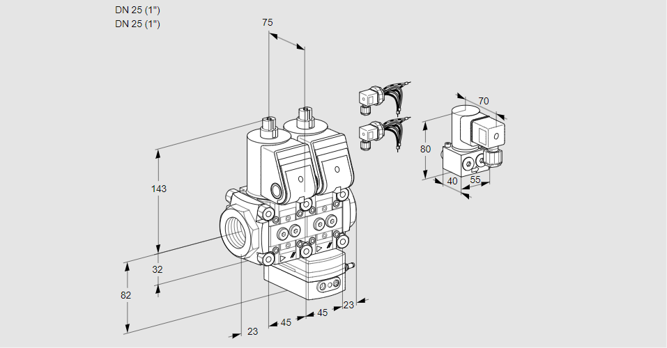 Регулятор соотношения газ/воздух с двумя эл.магнитными клапанами VCG 1E25R/25R05NGEWR6/PPPP/PPBY