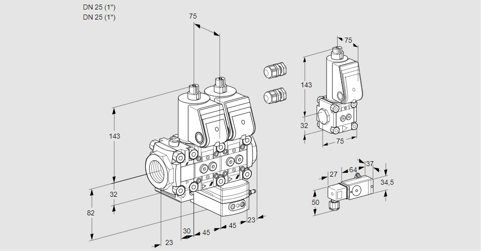 Регулятор давления с двумя эл.магнитными клапанами VCD 1E25R/25R05FND-100WR3/3--4/PPZS