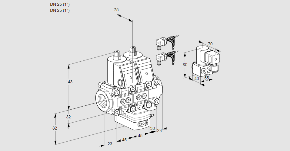 Регулятор соотношения газ/воздух с двумя эл.магнитными клапанами VCG 1E25R/25R05NGEVWR6/PPPP/BYPP