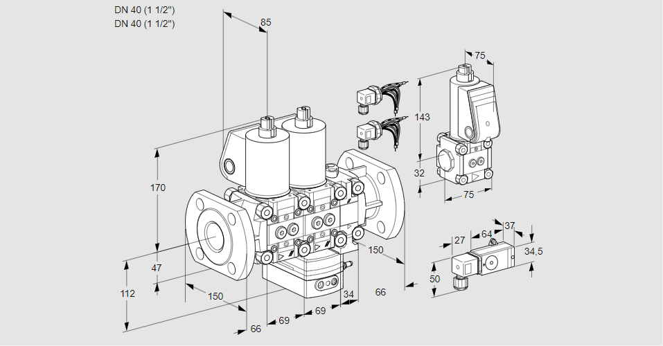 Регулятор соотношения газ/воздух с двумя эл.магнитными клапанами VCG 2E40F/40F05NGEO32WL6/MMZS/PP3-