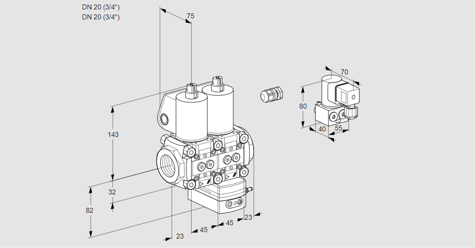 Регулятор соотношения газ/воздух с двумя эл.магнитными клапанами VCG 1E20R/20R05NGEQL/PPBY/PPPP