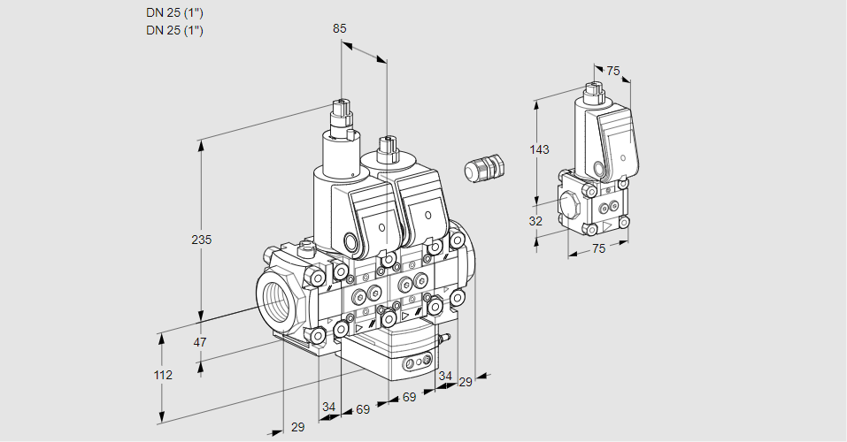 Регулятор соотношения газ/воздух с двумя эл.магнитными клапанами VCG 2E25R/25R05FLGEVWR/PPPP/ZSPP