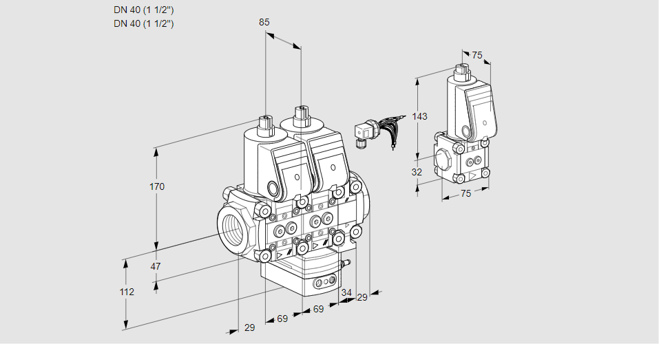 Регулятор соотношения газ/воздух с двумя эл.магнитными клапанами VCG 2E40R/40R05NGEVWR/PPPP/BSPP