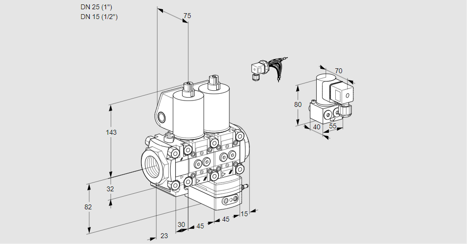 Регулятор соотношения газ/воздух с двумя эл.магнитными клапанами VCG 1E25R/15R05FNGEWL3/PPBY/PPPP