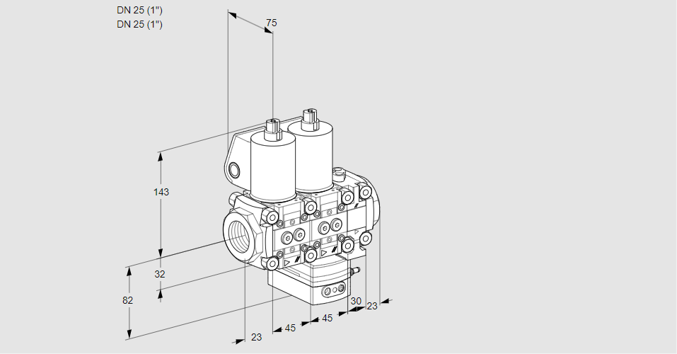 Регулятор соотношения газ/воздух с двумя эл.магнитными клапанами VCG 1E25R/25R05NGEVWL/PPPP/PPPP