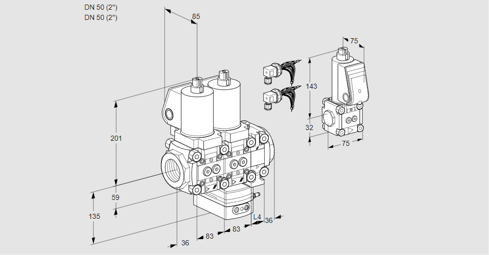 Регулятор соотношения газ/воздух с двумя эл.магнитными клапанами VCG 3E50R/50R05NGEVWSL8/PPBS/PPPP