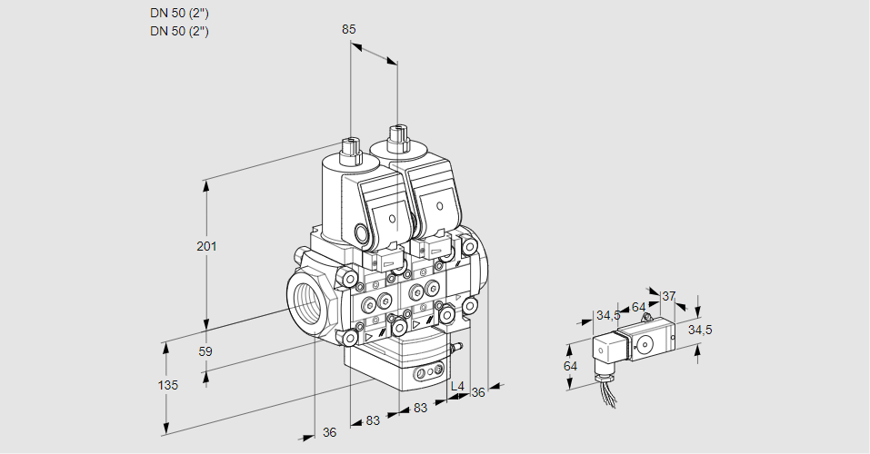 Регулятор соотношения газ/воздух с двумя эл.магнитными клапанами VCG 3T50N/50N05NGNVQGR/2-PP/1-PP