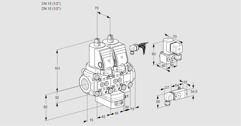 Регулятор соотношения газ/воздух с двумя эл.магнитными клапанами VCG 1E15R/15R05NGEVQGR/2--4/PPBY