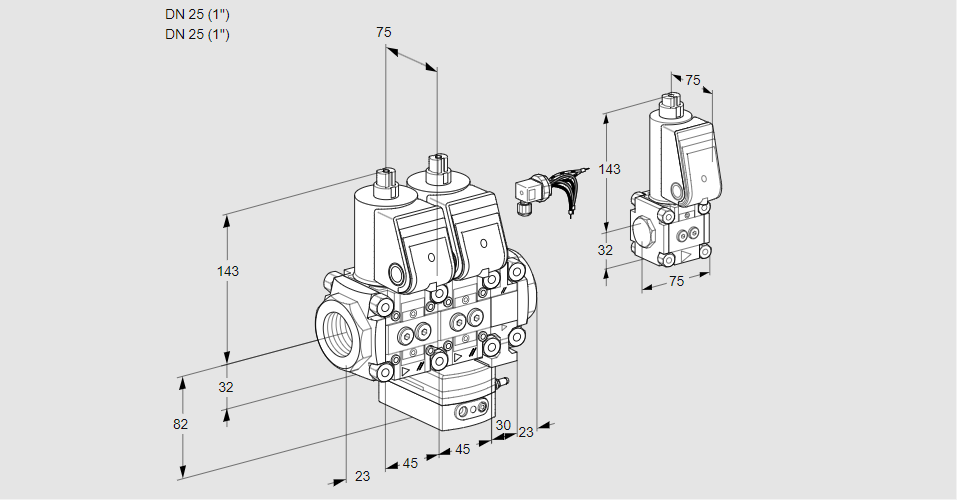 Регулятор соотношения газ/воздух с двумя эл.магнитными клапанами VCG 1E25R/25R05NGEVWR/PPPP/BSPP