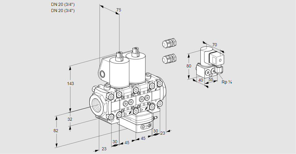 Регулятор соотношения газ/воздух с двумя эл.магнитными клапанами VCG 1E20R/20R05FNGEVWL3/PPZY/PPPP