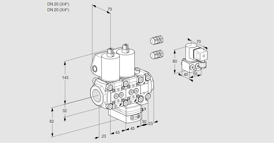 Регулятор соотношения газ/воздух с двумя эл.магнитными клапанами VCG 1E20R/20R05NGEVWL3/PPBY/PPPP