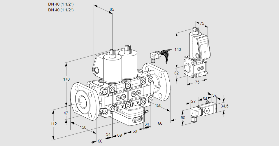 Регулятор соотношения газ/воздух с двумя эл.магнитными клапанами VCG 2E40F/40F05FNGEO32WL/MMZS/PP3-