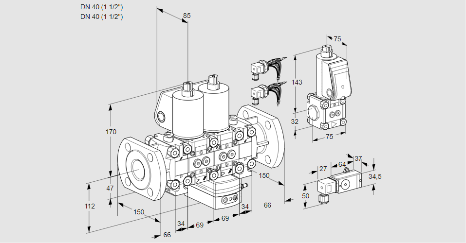 Регулятор соотношения газ/воздух с двумя эл.магнитными клапанами VCG 2E40F/40F05FNGEO32WL6/MMZS/PP3-