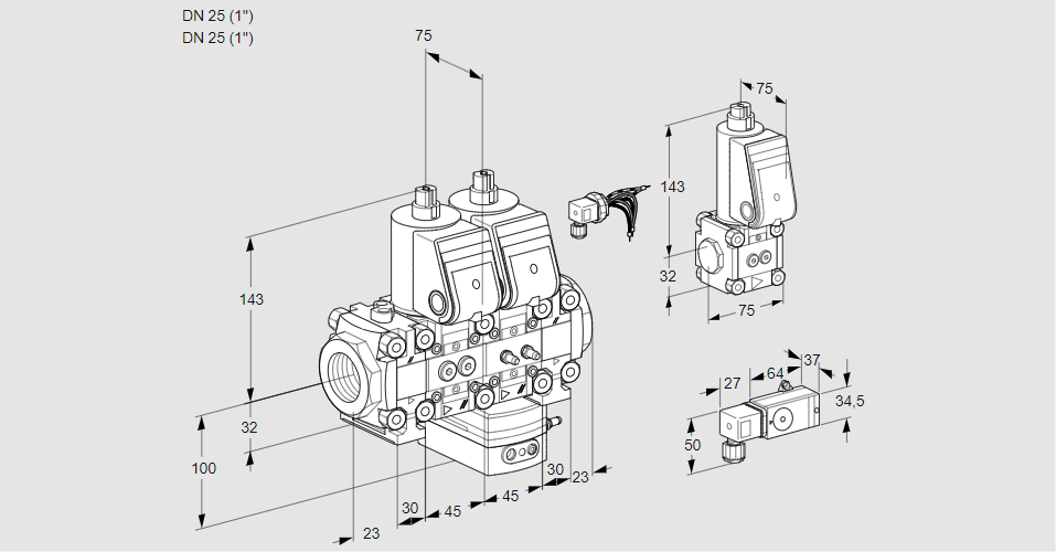 Регулятор расхода с двумя эл.магнитными клапанами VCH 1E25R/25R05FNHEVWR/2-MM/BSPP