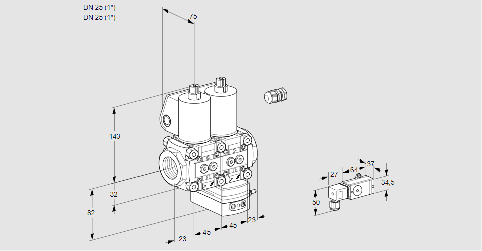 Регулятор соотношения газ/воздух с двумя эл.магнитными клапанами VCG 1E25R/25R05NGKWL/PPPP/3--2