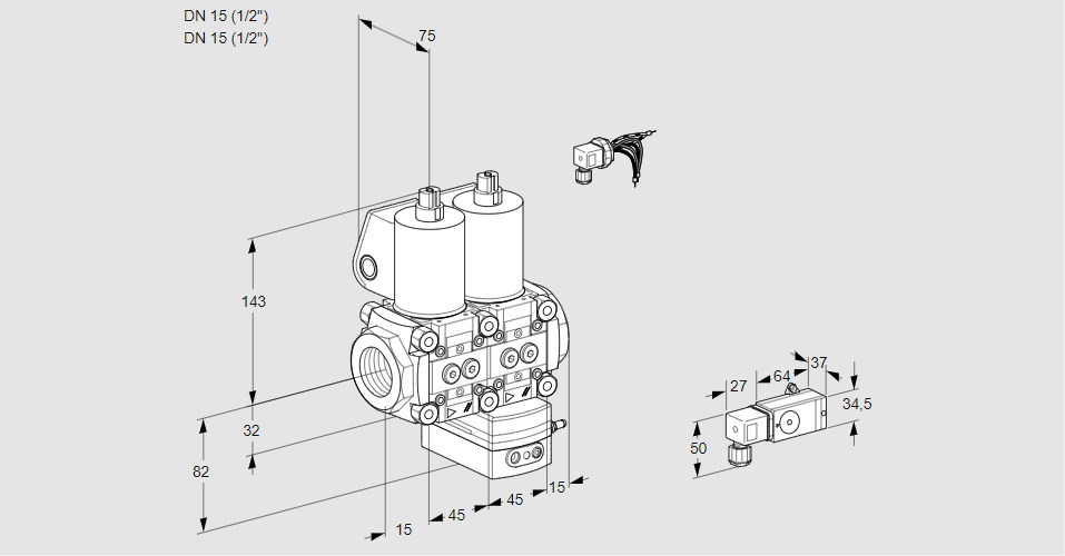 Регулятор соотношения газ/воздух с двумя эл.магнитными клапанами VCG 1E15R/15R05NGEWL/2--3/PPPP