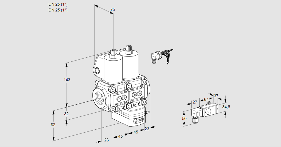 Регулятор соотношения газ/воздух с двумя эл.магнитными клапанами VCG 1E25R/25R05NGEWL/PPPP/-3PP