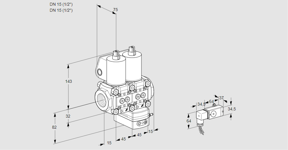 Регулятор соотношения газ/воздух с двумя эл.магнитными клапанами VCG 1T15N/15N05NGKQL/MMPP/2--2