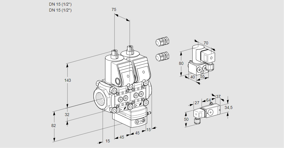 Регулятор соотношения газ/воздух с двумя эл.магнитными клапанами VCG 1E15R/15R05NGEWR3/2-PP/PPBY