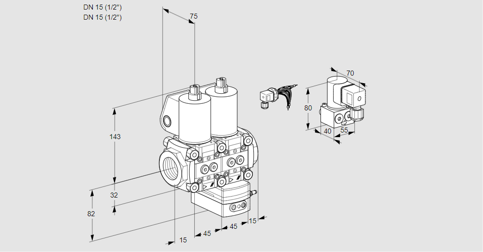 Регулятор соотношения газ/воздух с двумя эл.магнитными клапанами VCG 1E15R/15R05NGEWL/PPBY/PPPP
